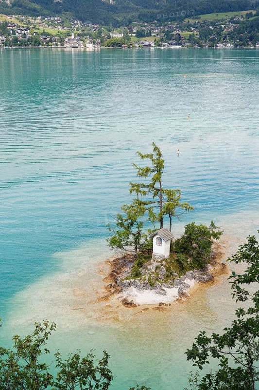 Ochsenkreuz shrine on small island in Lake Wolfgangsee