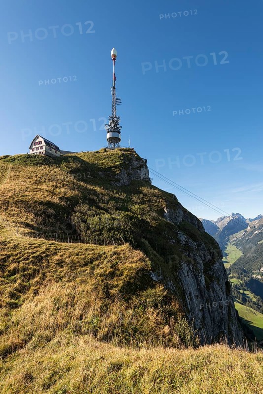 Hoher Kasten mountain with the 72 m high Swisscom telecommunication tower and the old mountain inn