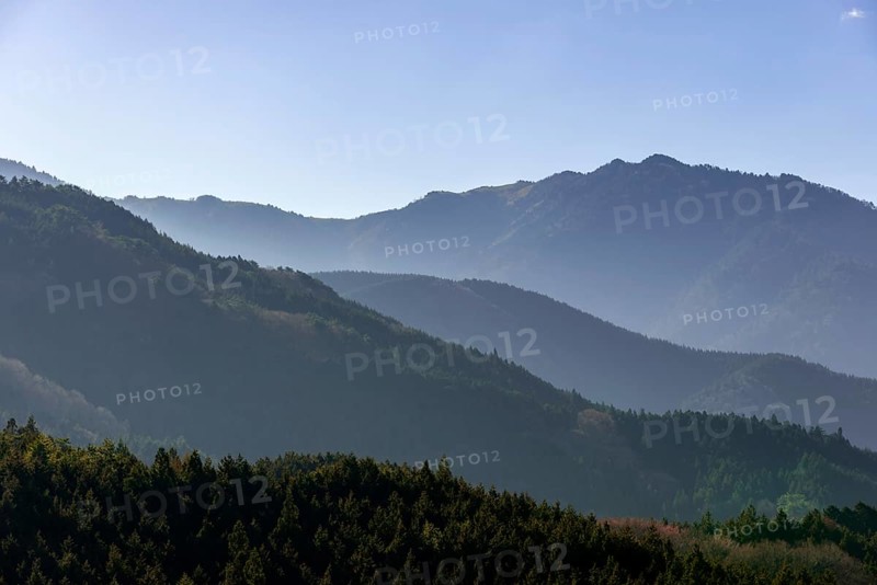 View to wooded mountains at the Nakasendo road