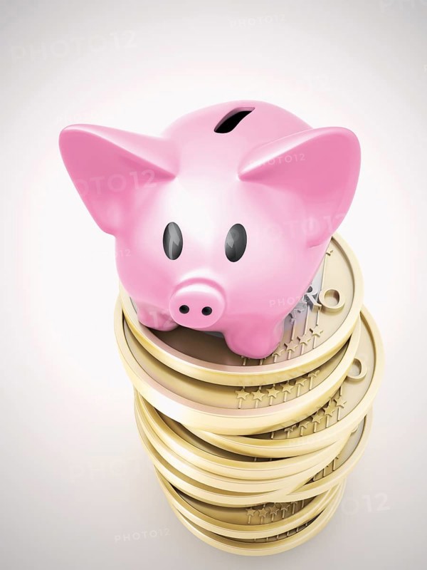 Piggy bank on a pile of euro coins