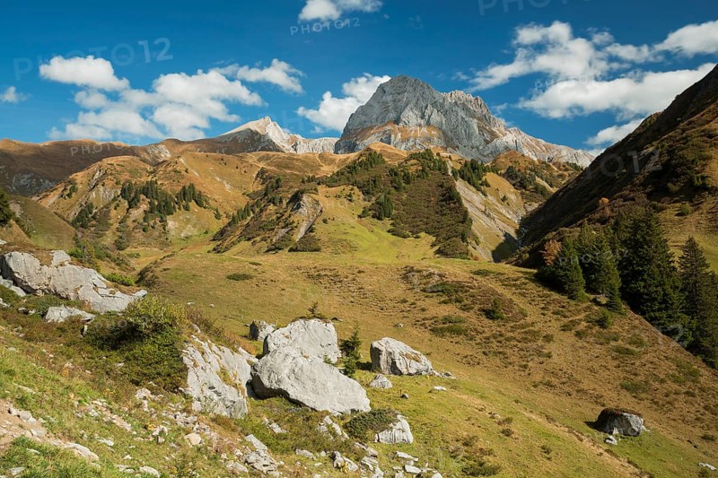View of Mt Wildgrubenspitze at Spullersee Lake in Vorarlberg
