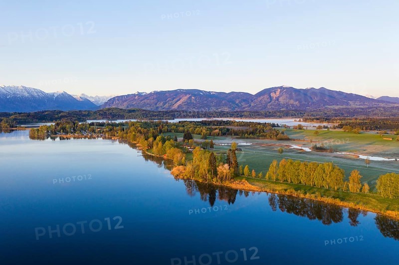 Lake Staffelsee with camping site Aichalehof and river Ach
