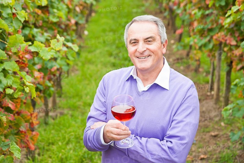 Winemaker or vintner holding a glass of wine in his vineyard