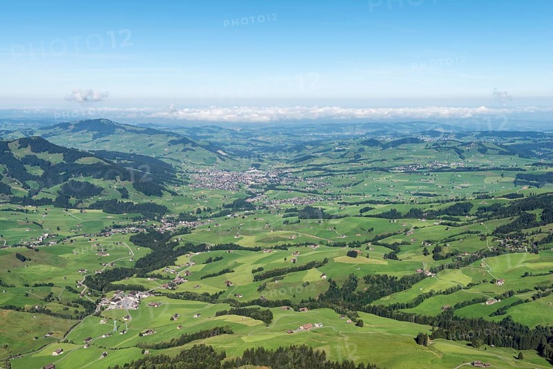 View of the Appenzellerland region and the town of Appenzell as seen from Hoher Kasten mountain