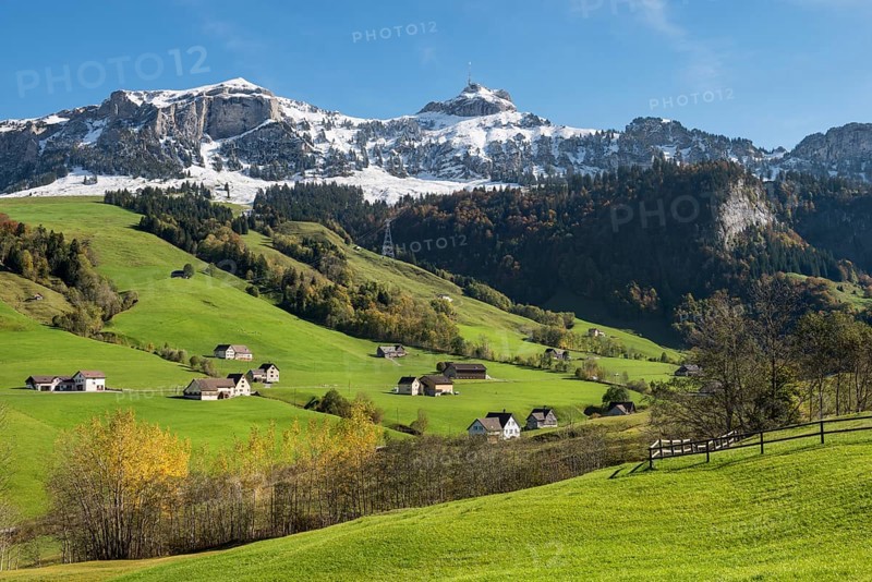 Green pastures in Appenzellerland in front of the snow-capped Appenzell Alps