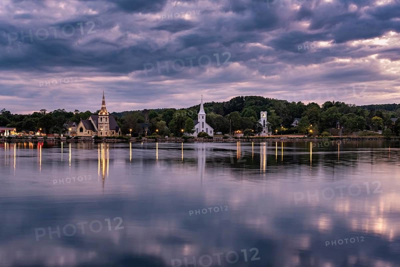 View over the bay Mahone Bay with three churches