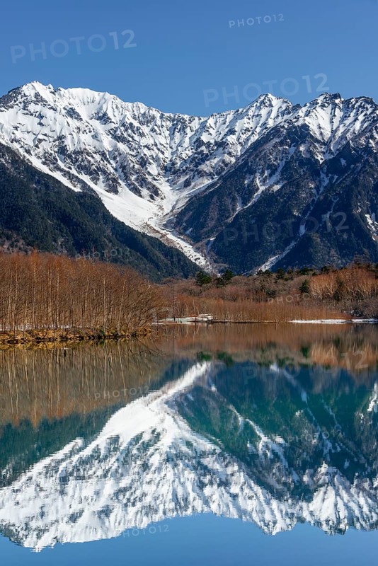 Snow-covered mountains at a lake
