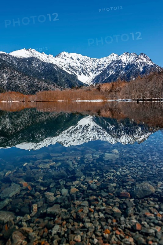 Snow-covered mountains at a lake