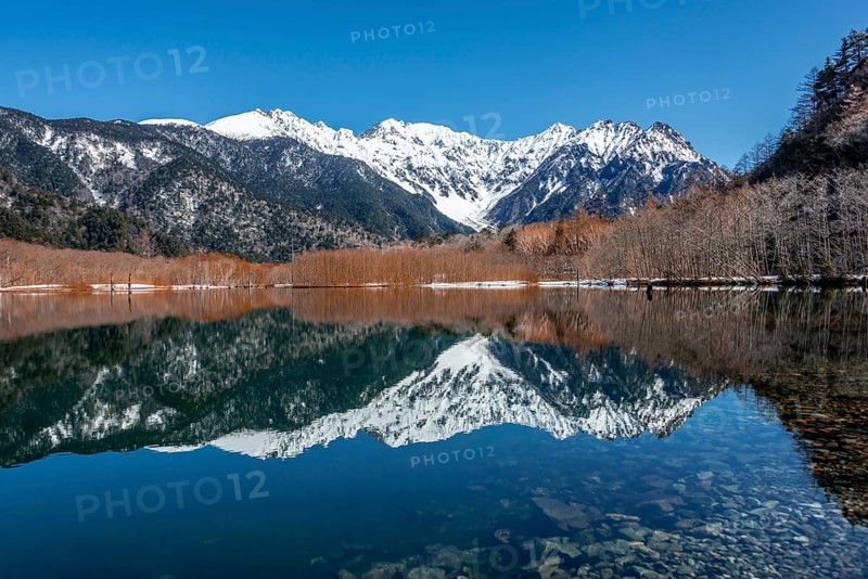 Snow-covered mountains at a lake