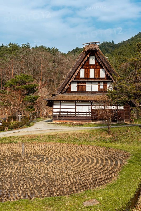 Round rice field with farmhouse