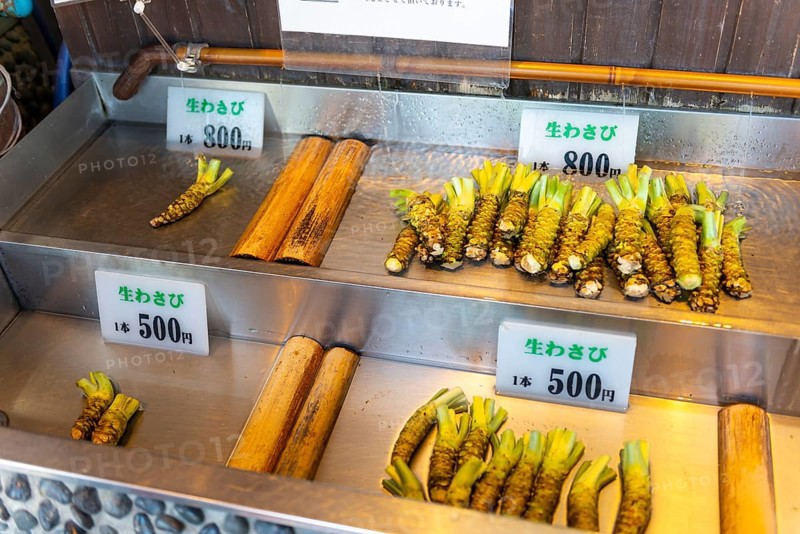 Wasabi roots for sale in a counter