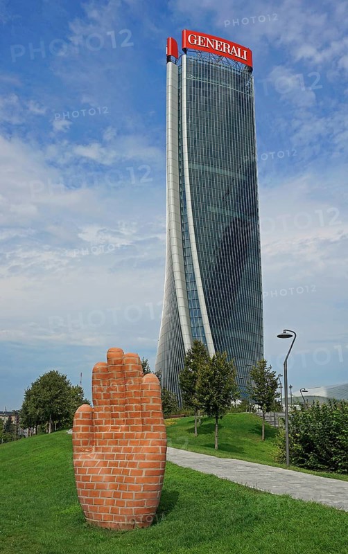 Generali Tower or Torre Generali or Lo Storto by architect Zara Hadid and part of the artwork Hand and Foot for Milan by Judith Hopf