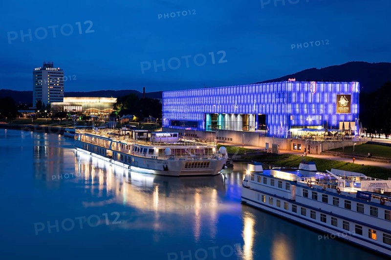 River cruise ship and Lentos Art Museum on the banks of the Danube