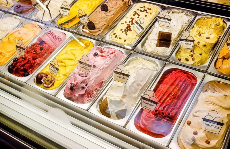 Italian ice cream in the refrigerated counter of an ice cream parlour