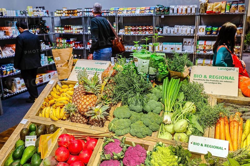 Organic vegetables and organic fruit at a vegetable counter