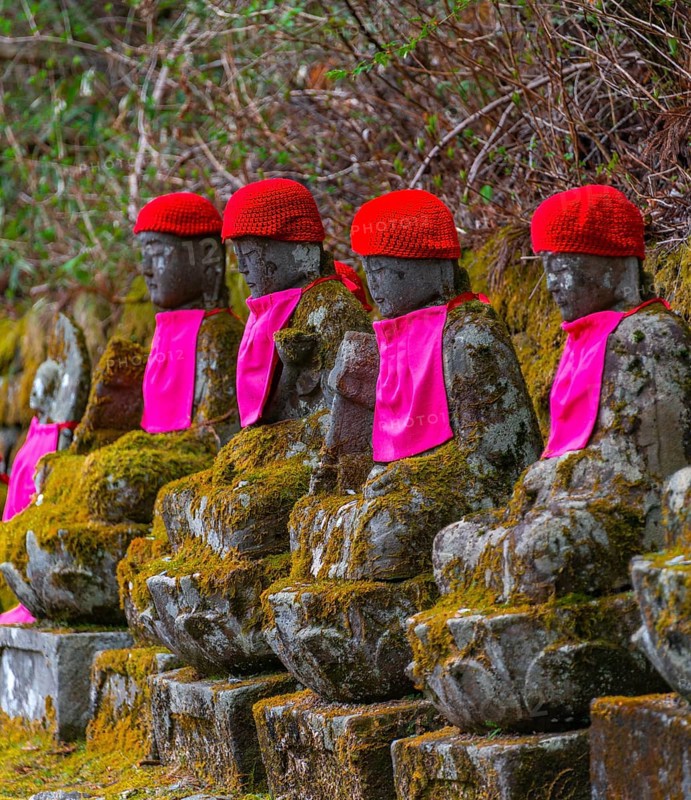 Jizo statues with red caps