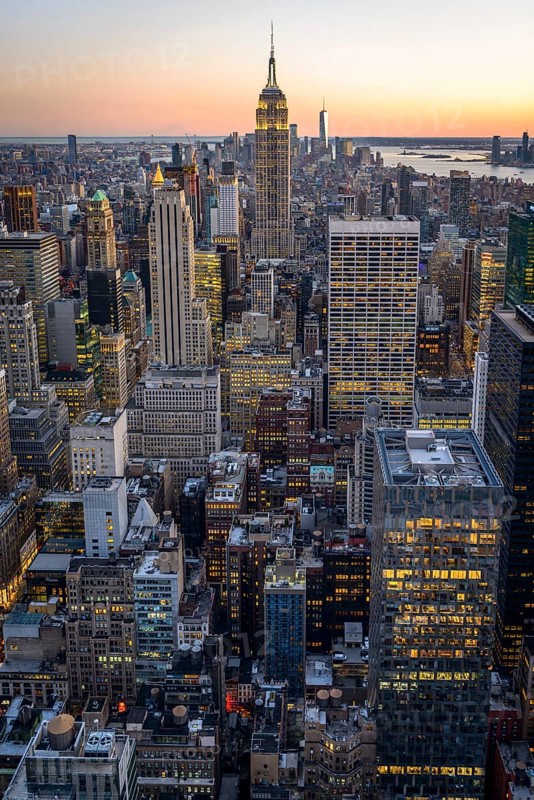 View of Midtown and Downtown Manhattan and Empire State Building from Top of the Rock Observation Center at sunset