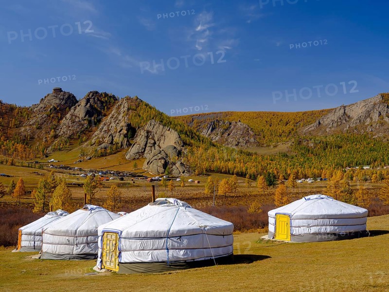 Yurts under rocks in Gorchi Terelj National Park