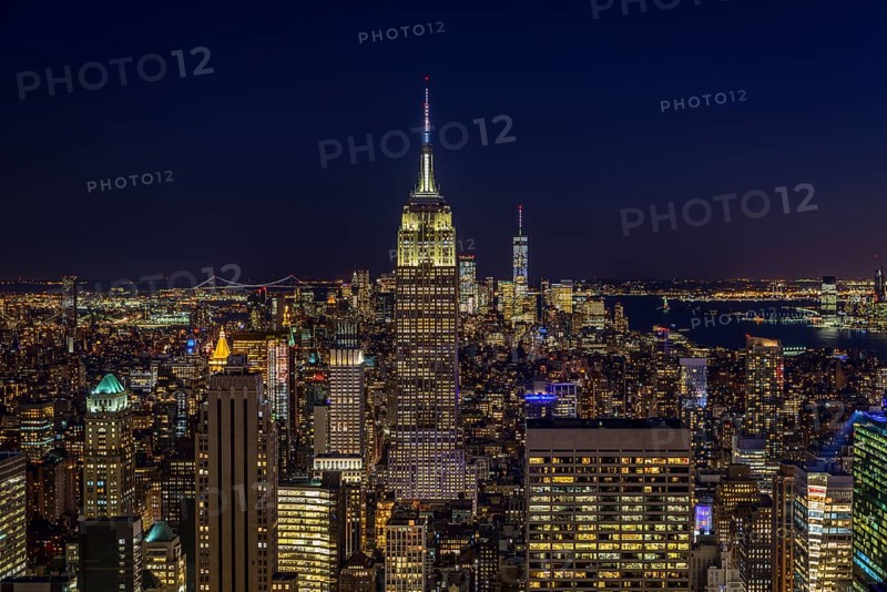 View of Midtown and Downtown Manhattan and Empire State Building from Top of the Rock Observation Center at Night
