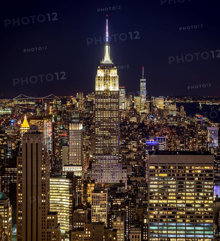 View of Midtown and Downtown Manhattan and Empire State Building from Top of the Rock Observation Center at Night