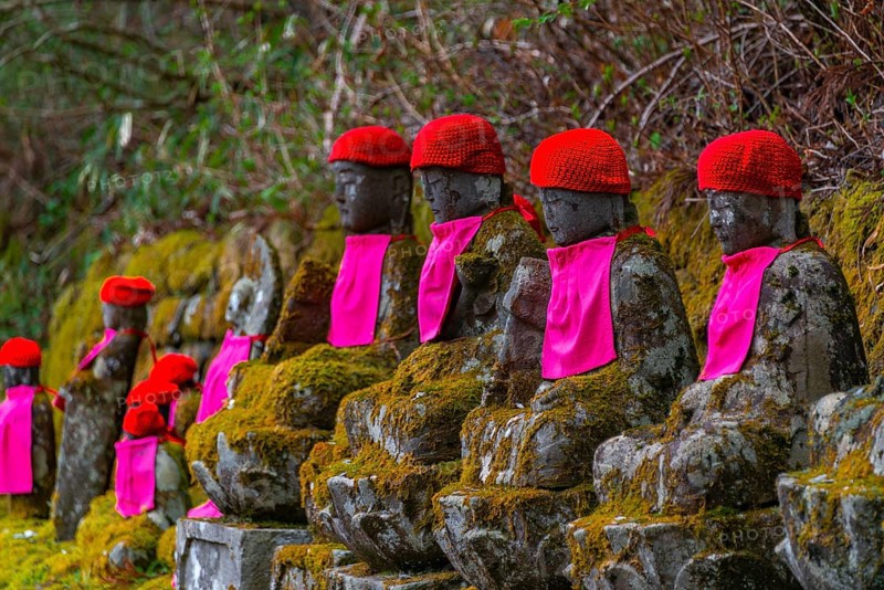 Jizo statues with red caps