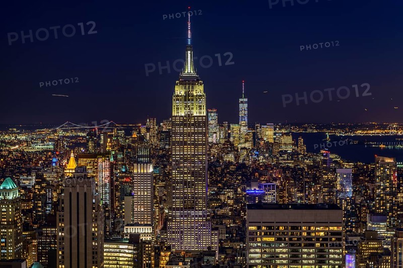 View of Midtown and Downtown Manhattan and Empire State Building from Top of the Rock Observation Center at Night