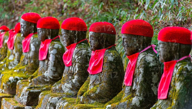 Jizo statues with red caps