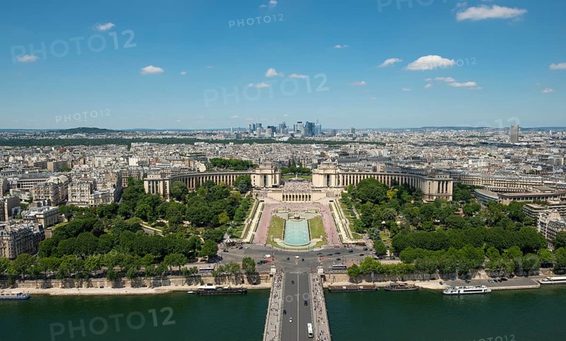View from the Eiffel Tower to the Jardins du Trocadero with bridge Pont d'Iena and river Seine