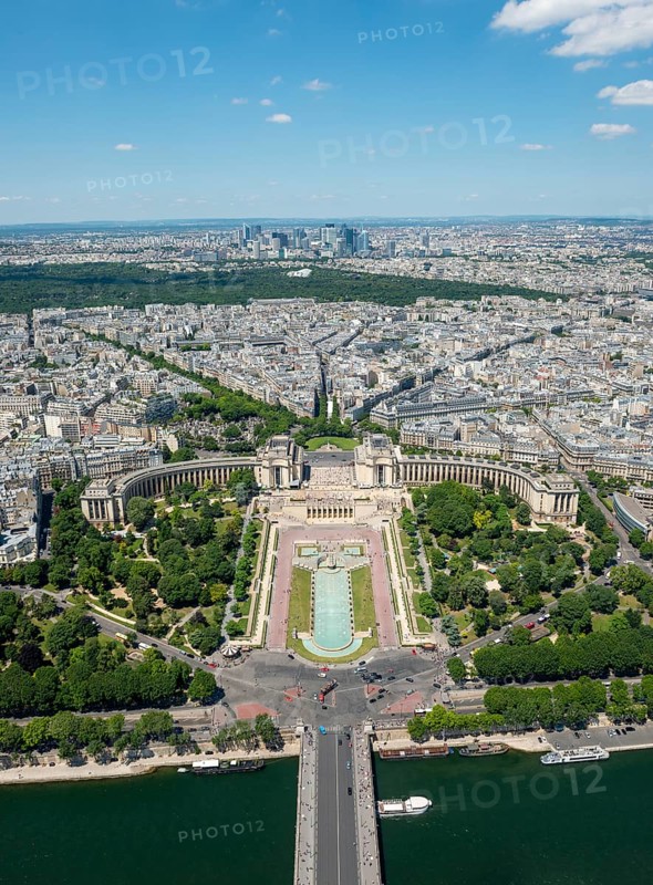 View from the Eiffel Tower to the Jardins du Trocadero with bridge Pont d'Iena and river Seine
