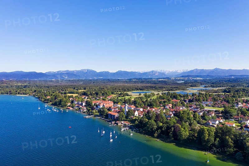 Seeshaupt at Lake Starnberger See with Alpine chain