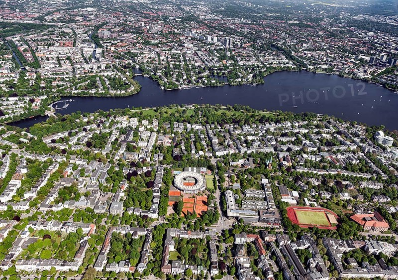 Rotherbaum district with tennis stadium on the Aussenalster