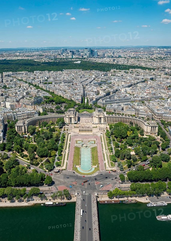 View from the Eiffel Tower to the Jardins du Trocadero with bridge Pont d'Iena and river Seine