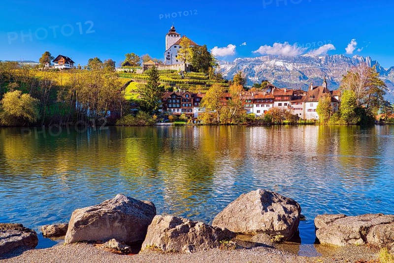 Werdenberg Castle with old town at Werdenbergersee lake