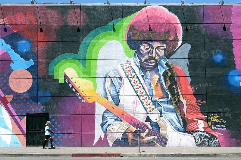 Life-sized mural with Jimi Hendrix at the Guitar Center music store