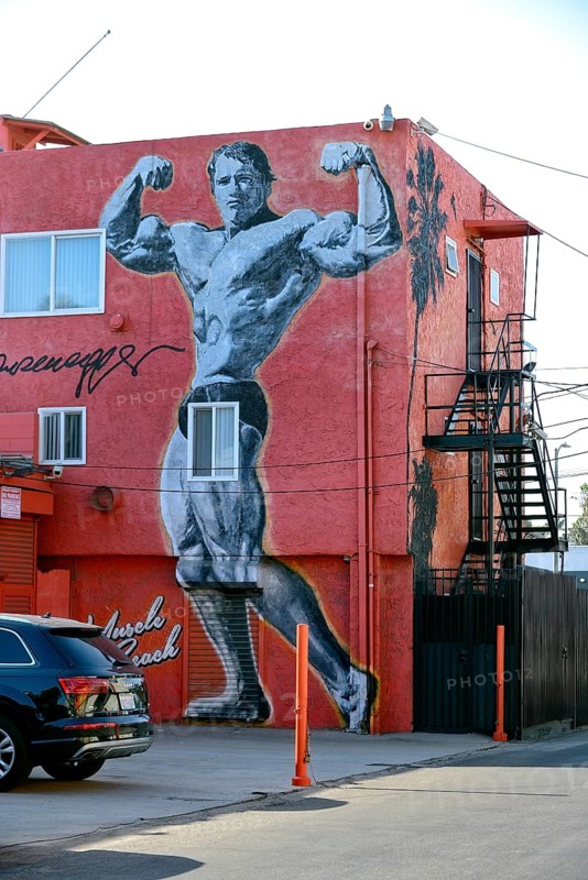 Wall painting by Arnold Schwarzenegger on a building at the speedway of Venice Beach