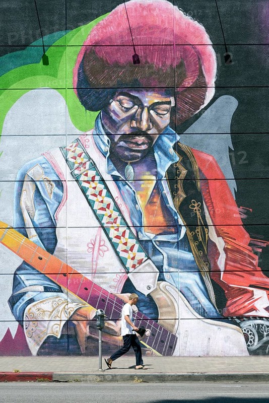 Life-sized mural with Jimi Hendrix at the Guitar Center music store