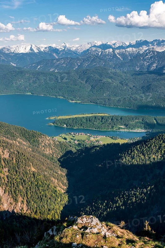 View from Herzogstand to Walchensee with Lake Walchensee