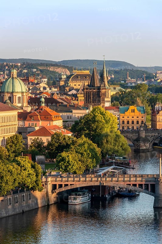 City view with bridges over river Vltava with Old Town bridge tower