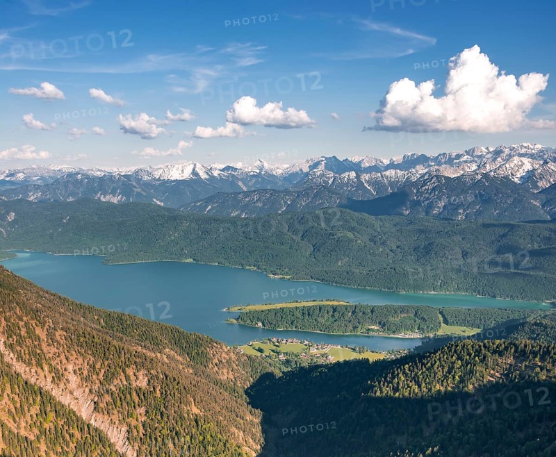 View from Herzogstand to Walchensee with Lake Walchensee