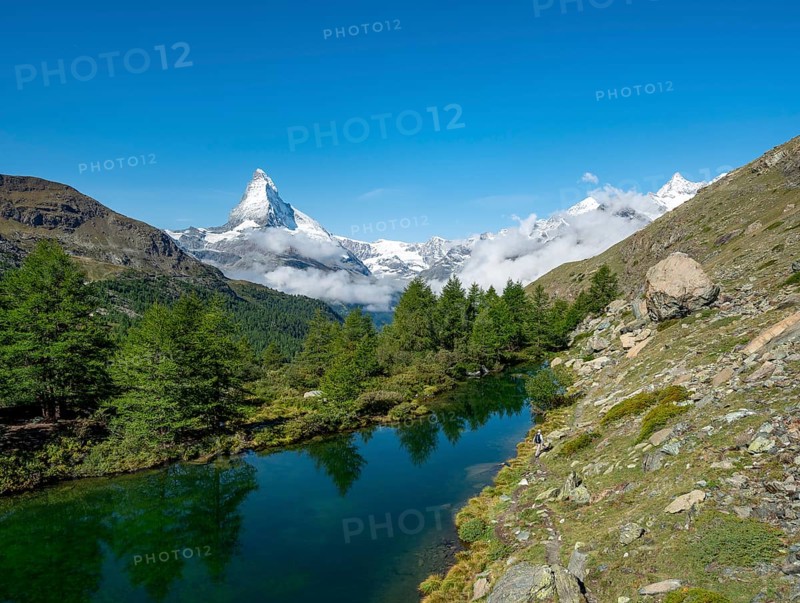 View over Lake Grindij with snow-covered Matterhorn