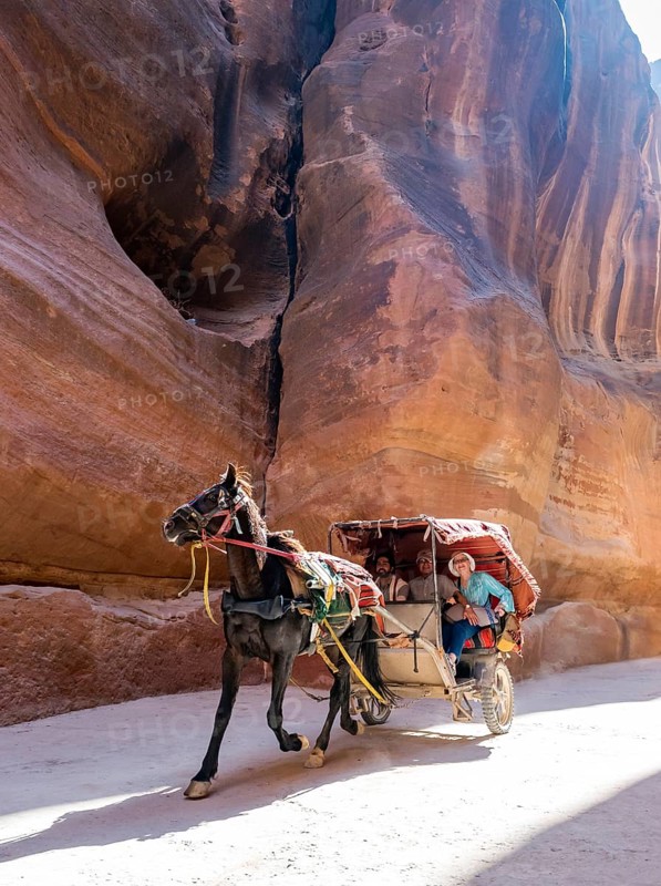 Tourists in a horse cart inside the Siq