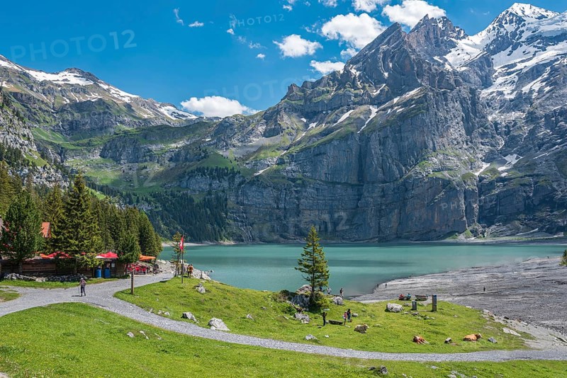 Mountain landscape on Lake Oeschinen with Blueemlisalp