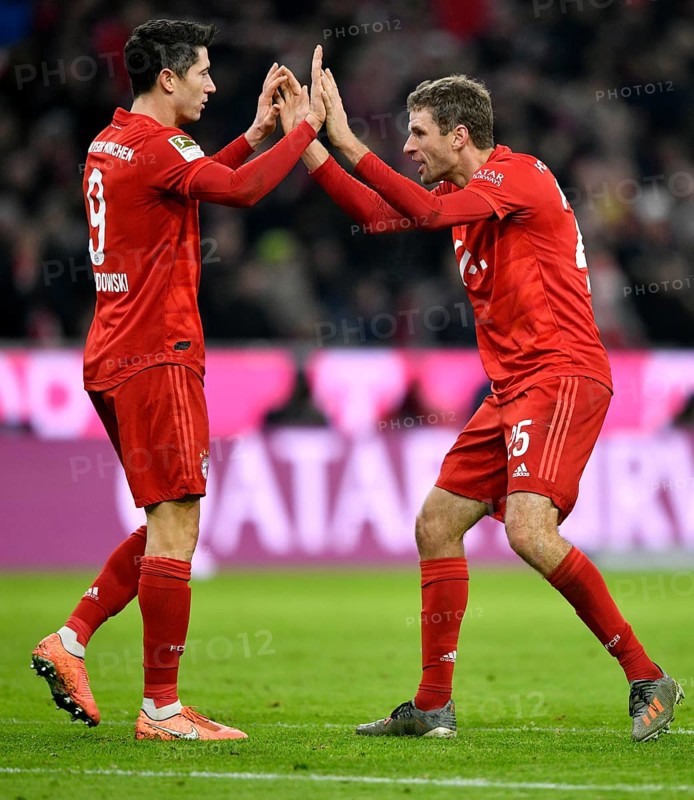 Goal celebration Thomas Mueller FC Bayern Munich with Robert Lewandowski FC Bayern