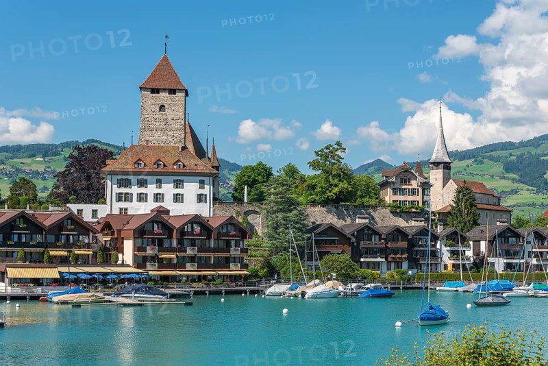 Castle Spiez and Church of Saint Kolumban on Lake Thun