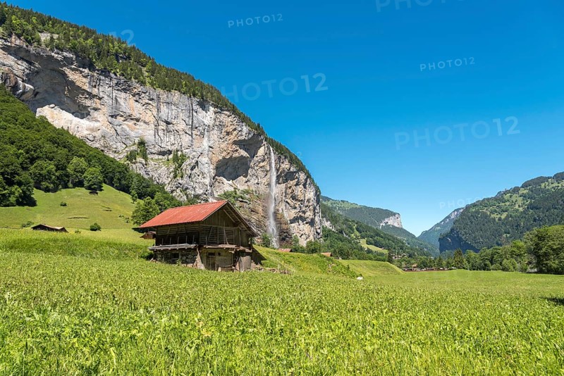 Mountain landscape in the Lauterbrunnen Valley with the Staubbach Falls