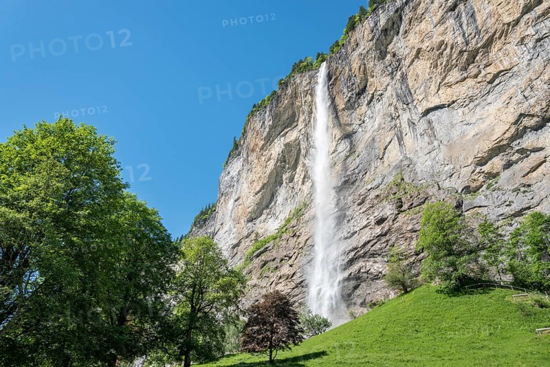 Staubbach Falls tumbling down from a high rock face