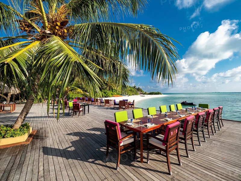 Table with place settings in tourist resort