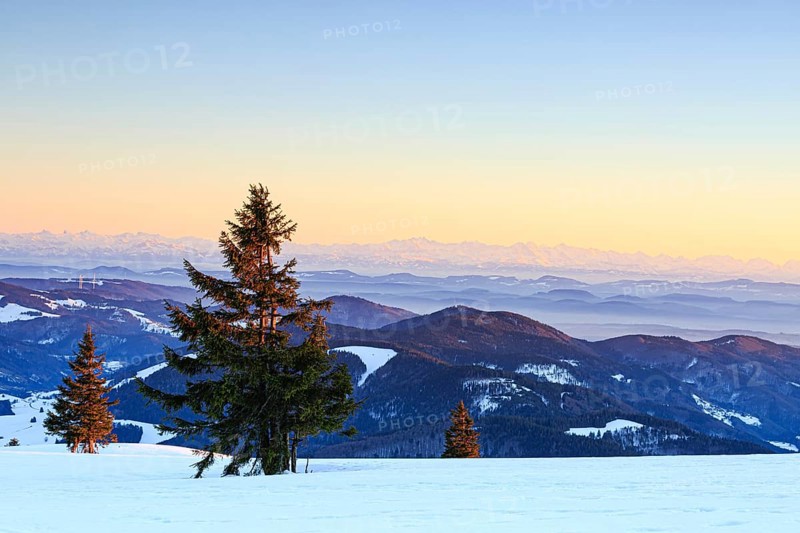 Evening atmosphere at the wintery summit of the Belchen at sunset