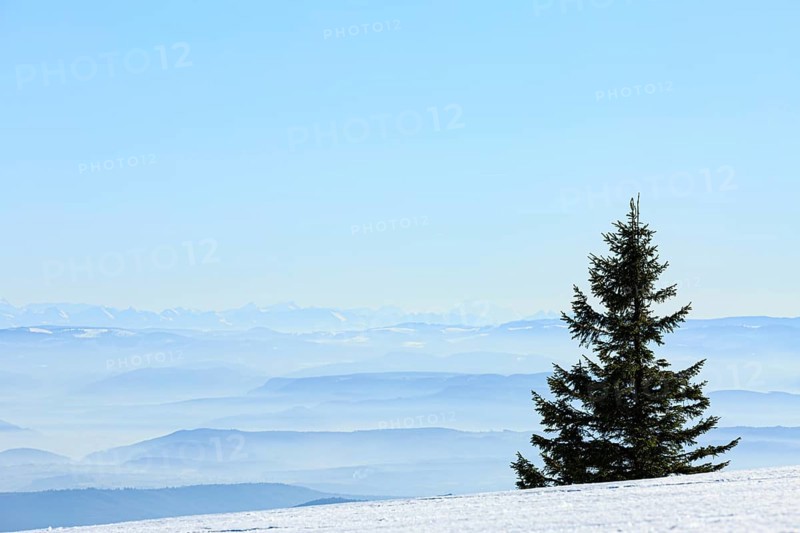 View from the snow-covered summit of the Belchen to mountain ranges and alpine chain Black Forest
