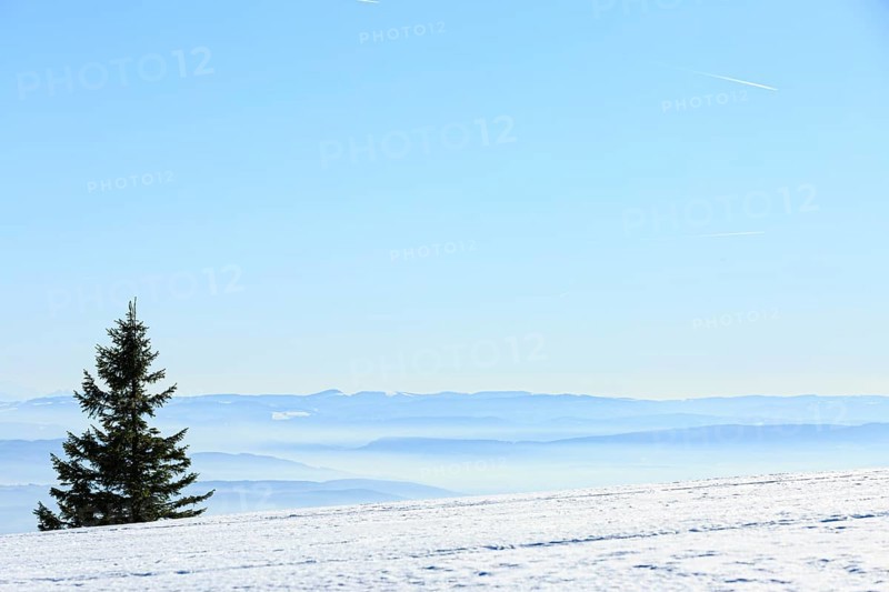 View from the snow-covered summit of the Belchen to mountain ranges and alpine chain Black Forest